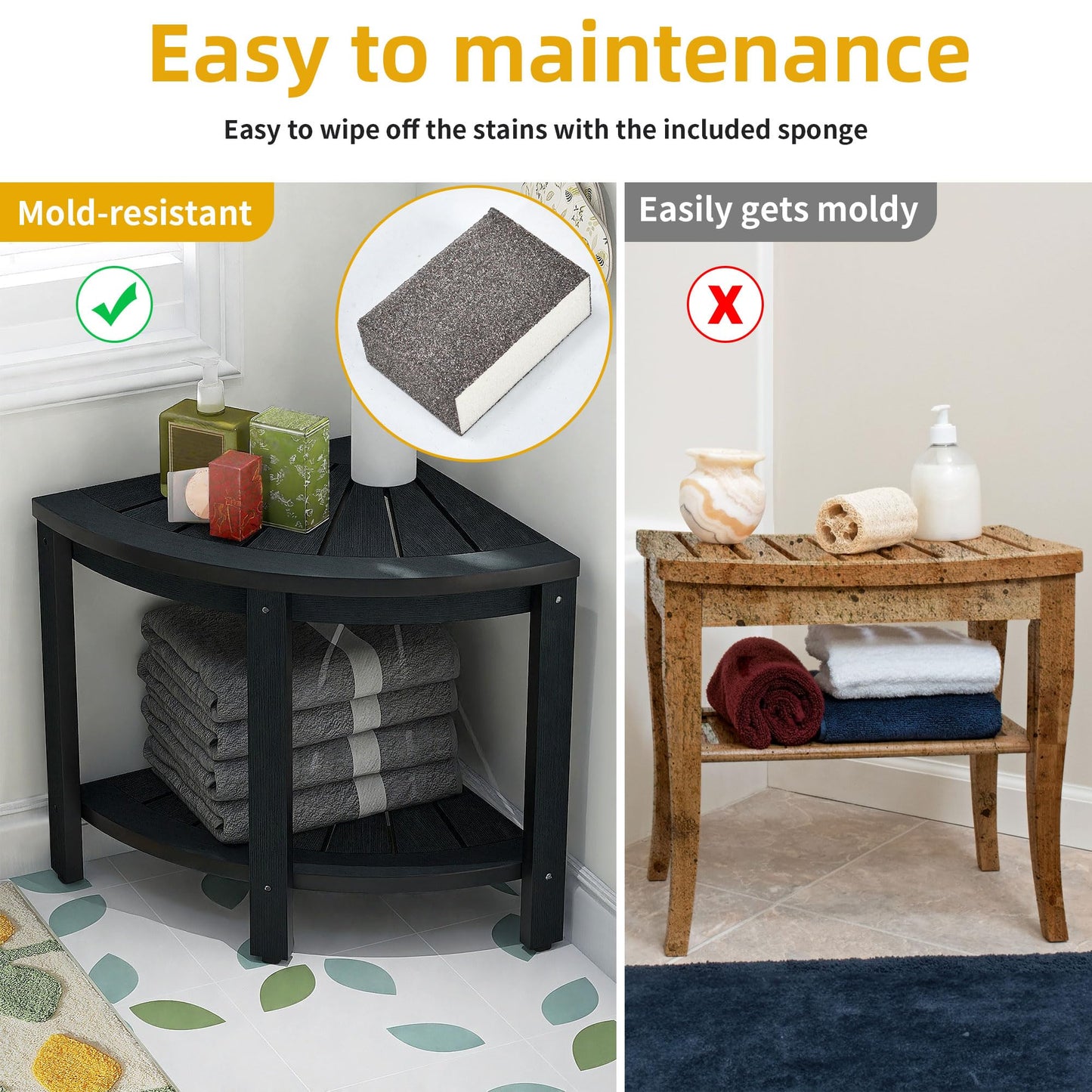 DWVO Poly Lumber Shower Bench 17" Shower Stool Corner Bench with Storage Shelf, Wood Texture Corner Seat for Bathroom, Spa, Corner Shower Stool for Bathroom Living Room (Black)