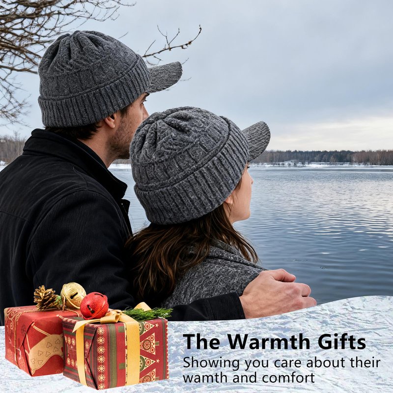 SEEK SURE Men's Winter Hat with Visor Warm Double Woolen Women Ribbed Knit Hat Cuff Beanie Cap with Brim for Cold Weather, L/XL Black
