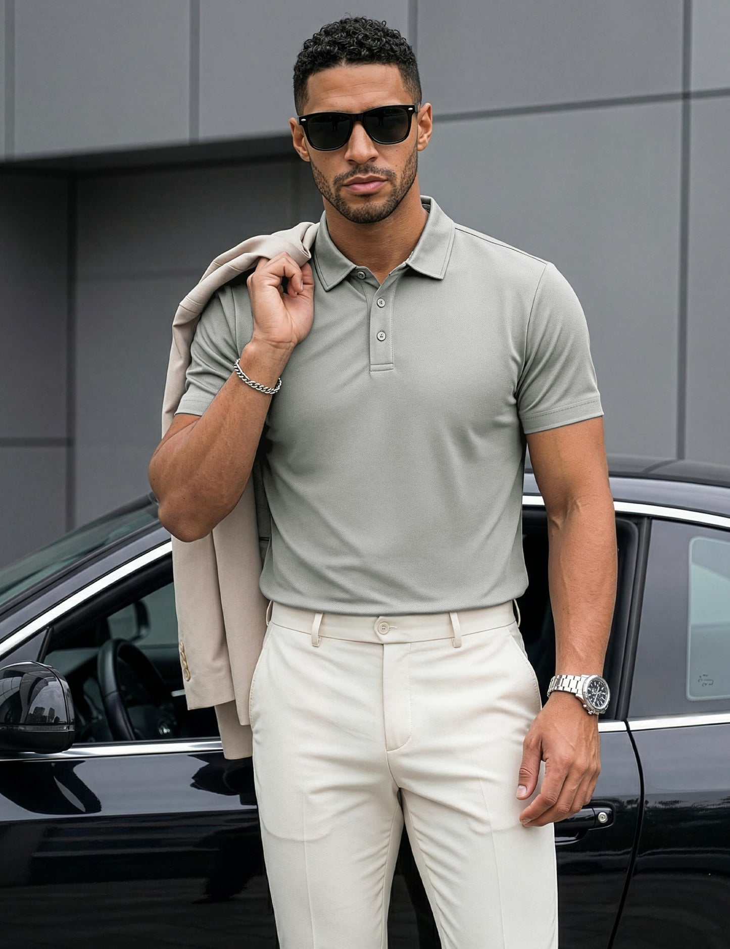 MAGCOMSEN Mens Short Sleeve Shirts Golf Polo Shirts Cotton Pique Polo Work Shirt Classic Casual Shirt Button Down Collar Shirt Light Grey, XL