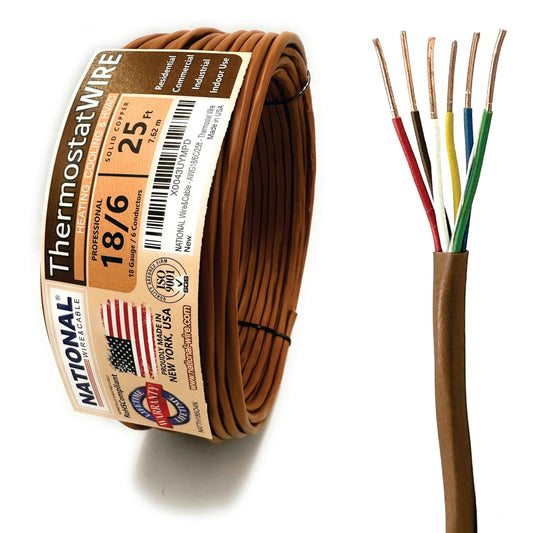 18/6 25Ft. NATIONAL Wire&Cable Thermostat Doorbell HVAC Heating Control Professional Cable Wire - Made in USA - 100% Solid Copper Conductors, CL2 ETL Listed, Low Voltage Applications Use