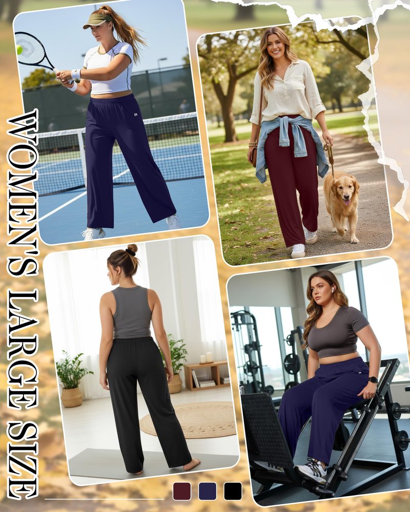 Neer 3 Packs Women's Plus Size Wide Leg Sweatpants High Waist Elastic Waistband Lounge Pants with Pockets(Black, Navy Blue, Wine Red,XX-Large)