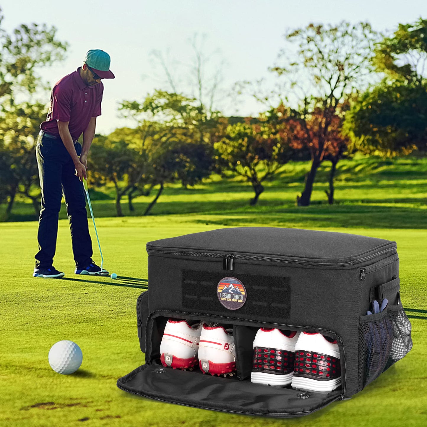 GOBUROS Golf Trunk Organizer Storage with Separate Compartment for 2 Pair Shoes Up to US Mens 16, Golf Car Locker Organizer for Balls, Tees, Clothes, Gloves, Accessories, Black