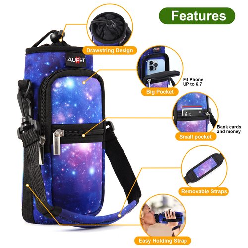 AUPET Water Bottle Sling Bag Sleeve Holder Carrier 25/32/40/64 oz,Insulated Crossbody Water Bottle Case Cover with Strap and Pockets for Men/Women Walking Hiking Camping (32oz, Purple Starry Sky)