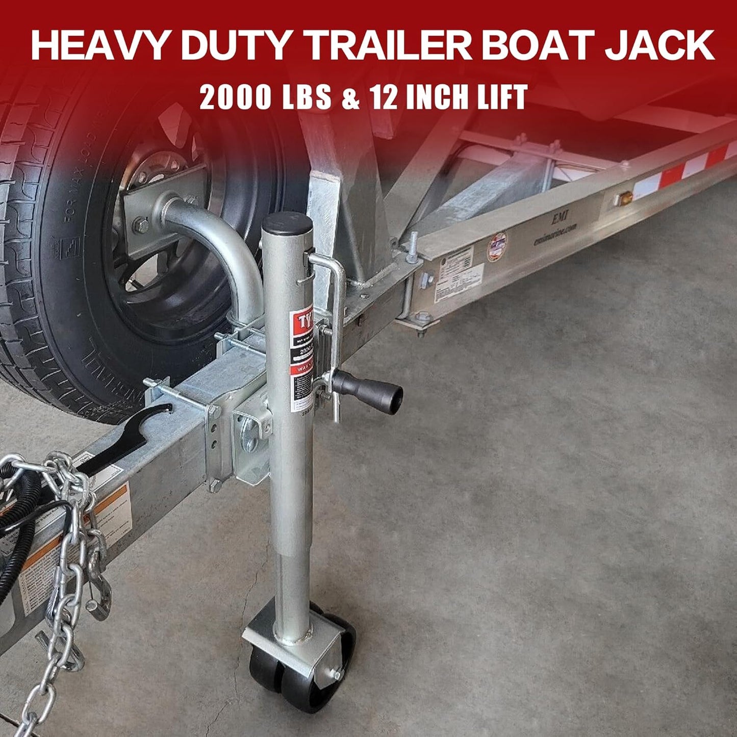 TYT Heavy-Duty Boat Trailer Jack - 2000 lbs Capacity, 12-Inch Lift, Zinc-Plated with 6-Inch Dual Wheels