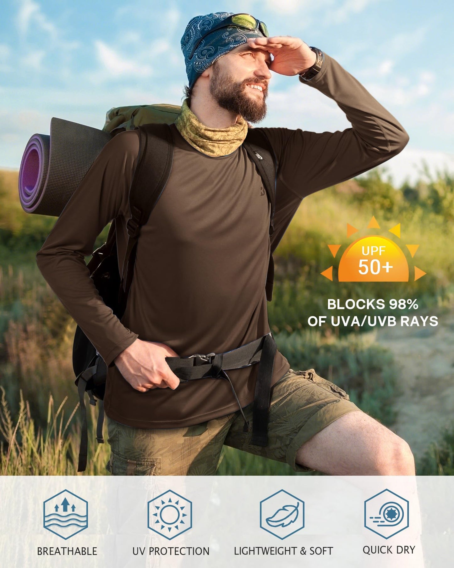 Roadbox Mens UPF 50+ Long Sleeve SPF Diving Rash Guard UV Sun Protection Shirts for Outdoor Fishing Hiking Swimming Running