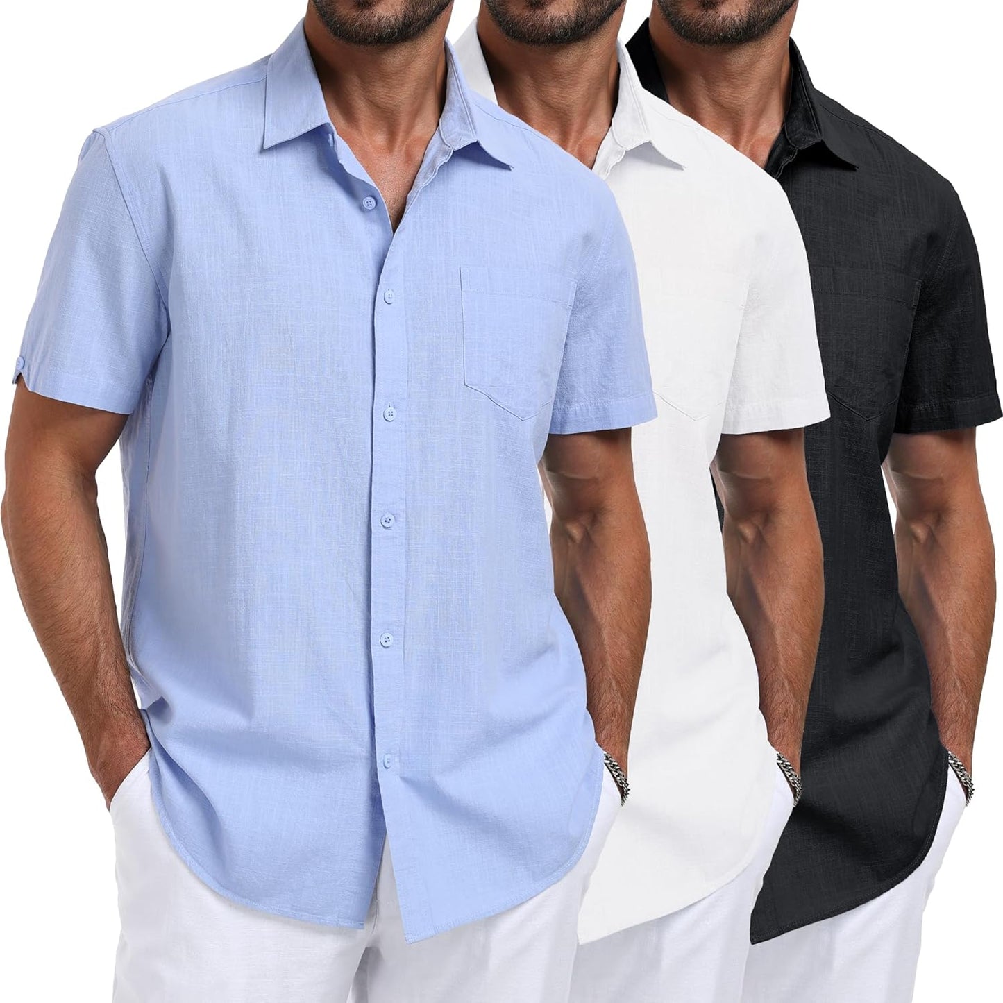 MLYENX Men's Linen Button-Down Shirts - Casual Short Sleeve Summer Tops | 3-Pack with Pocket
