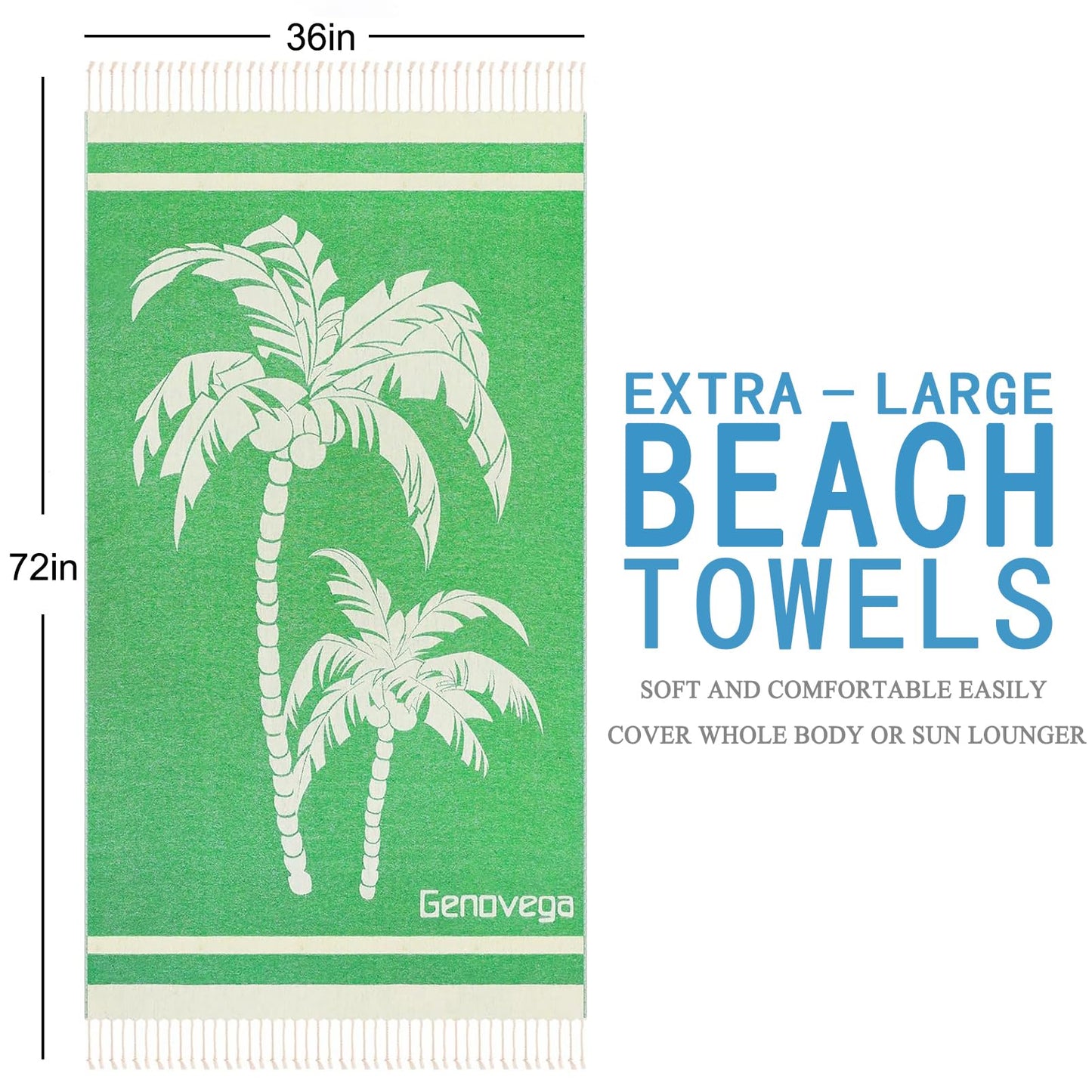 Genovega Oversized Cotton Turkish Beach Towels 72"x36" Lightweight Quick Dry Sandless Pool Swim Towel Large No Sand Compact Blanket Adult Travel Essentials Cruise Accessories Must Haves Coconut Tree