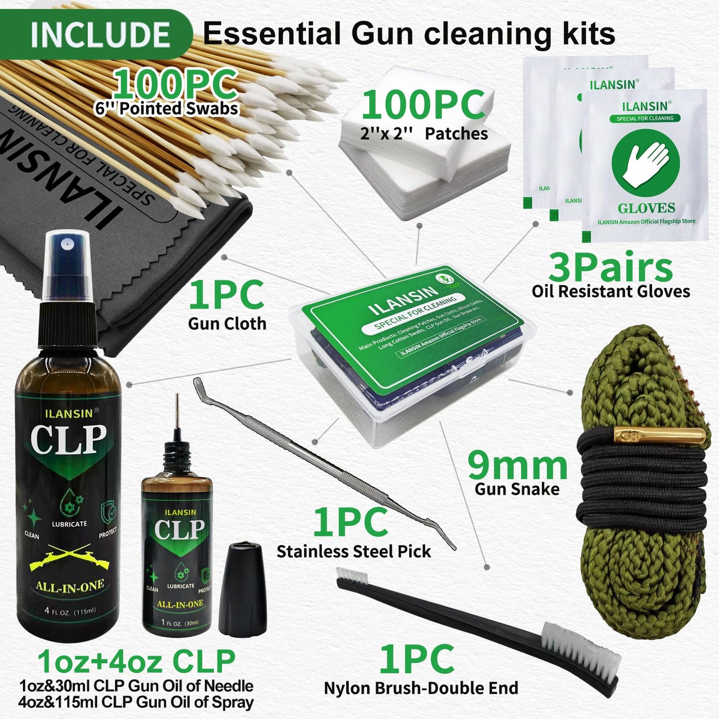 ILANSIN 9mm Bore Cleaner & 5oz CLP Oil Gun Cleaning Kit with Gun Snake .38 .375 9.5mm, Needle+Spray,Gun Cleaning Supplies with Gun Cleaning Patches,6'' Gun Cleaning Swabs, Gun Brushes, Cleaning Picks