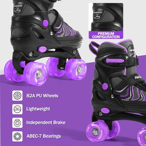 PAPAISON Roller Skates for Girls Ages 8-12, Adjustable Size Youth Women Quad Skates with Light up Wheels Indoor Outdoor