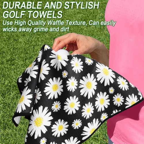 FINGER TEN Golf Towel Microfiber Waffle Towels for Golf Bags for Men Women with Clip 15.7’’X15.7’’ Set in Gray Black Blue Purple (Daisy&Black&Purple, 15.7L x 15.7W)