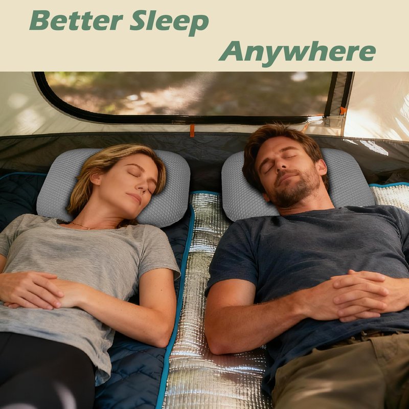Orynvaux Cooling Camping Pillow, Memory Foam Travel Pillow with Adjustable Buckle Strap & Storage Bag, Compact Small Pillow for Airplane, Car Lumbar, Office, Washable Cooling Cover, Quarry Grey