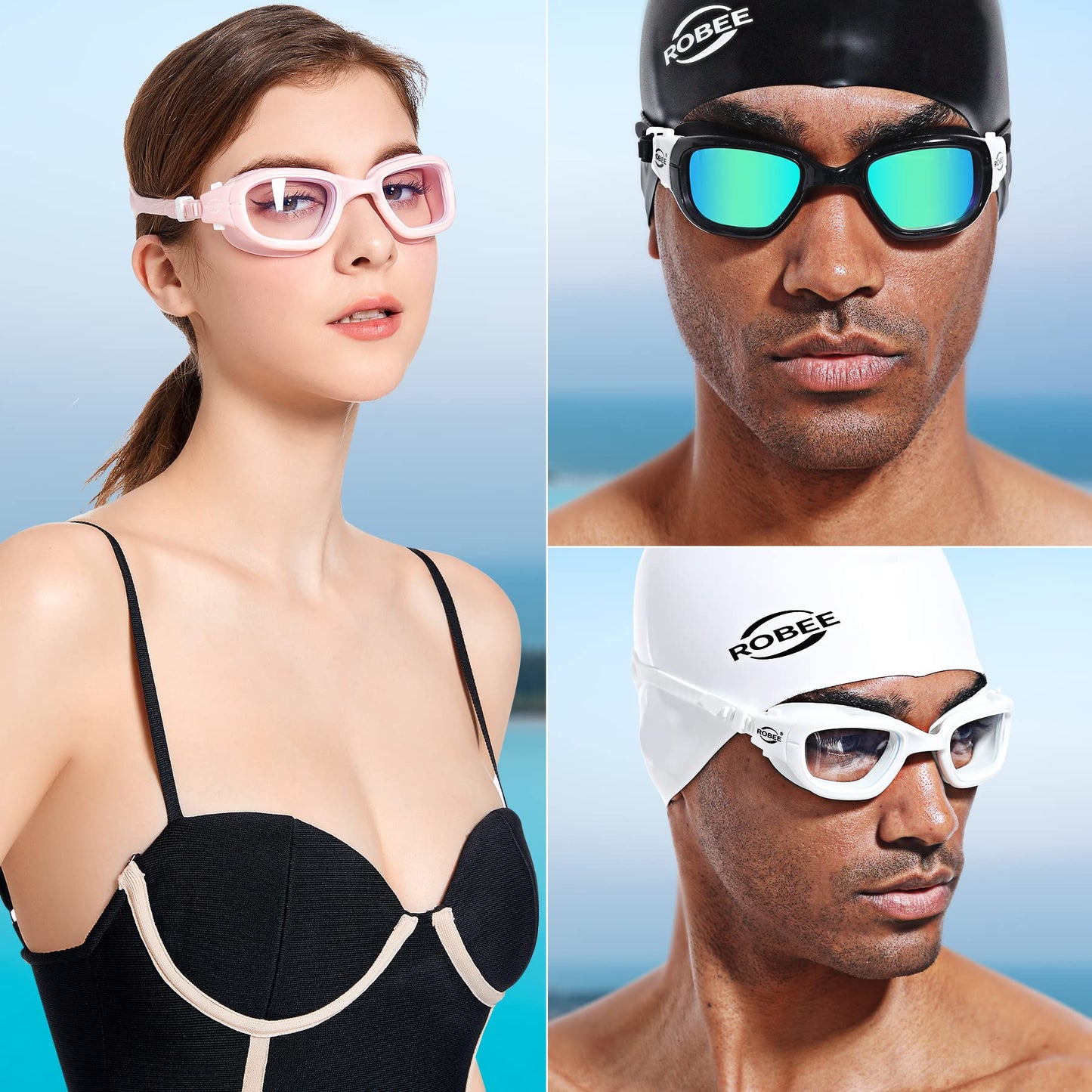 Robee Swim Goggles Silicone Swimming Cap and Carrying Case, Polarized Pool Goggles for Adult Men Women Youth