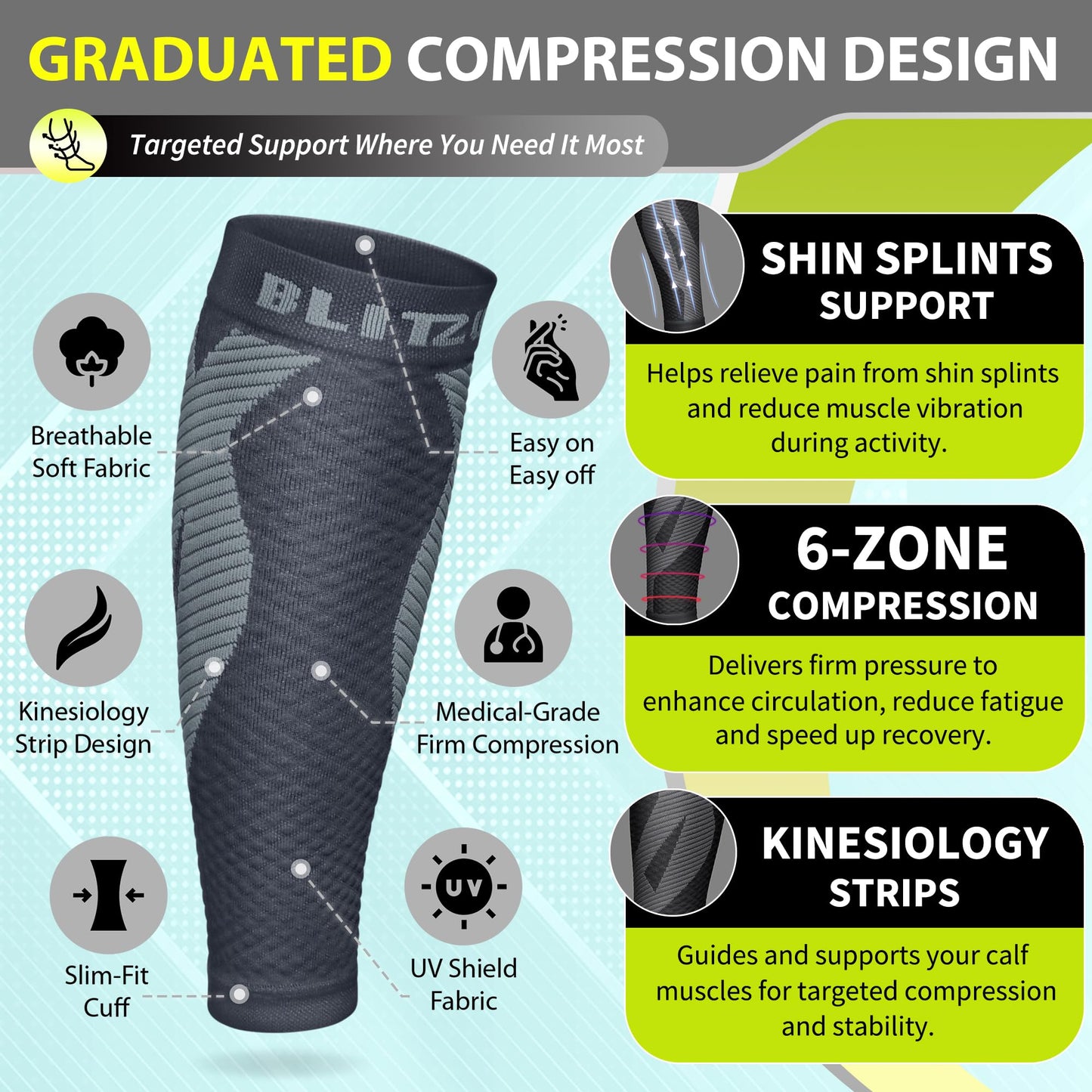 BLITZU Calf Compression Sleeve for Women and Men, Shin Splint Sleeves for Varicose Veins, Nursing, Pregnancy, Running, Footless Compression Socks Support for Calf Muscle Pain Relief Grey XXL