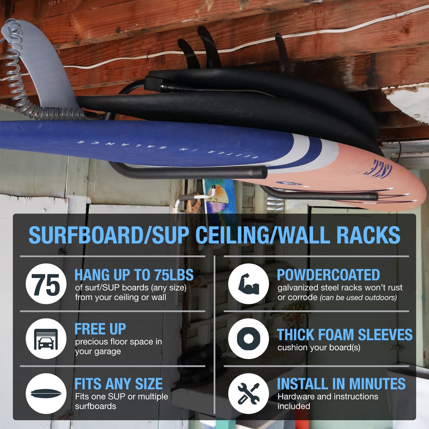 Ho Stevie! Surfboard Ceiling Racks - Free Up Your Floor Space - Hang Up To 3 Surf or SUP Boards - Won’t Rust/Corrode - Heavy Duty 75lbs Max - Easy Installation (Hardware Included)