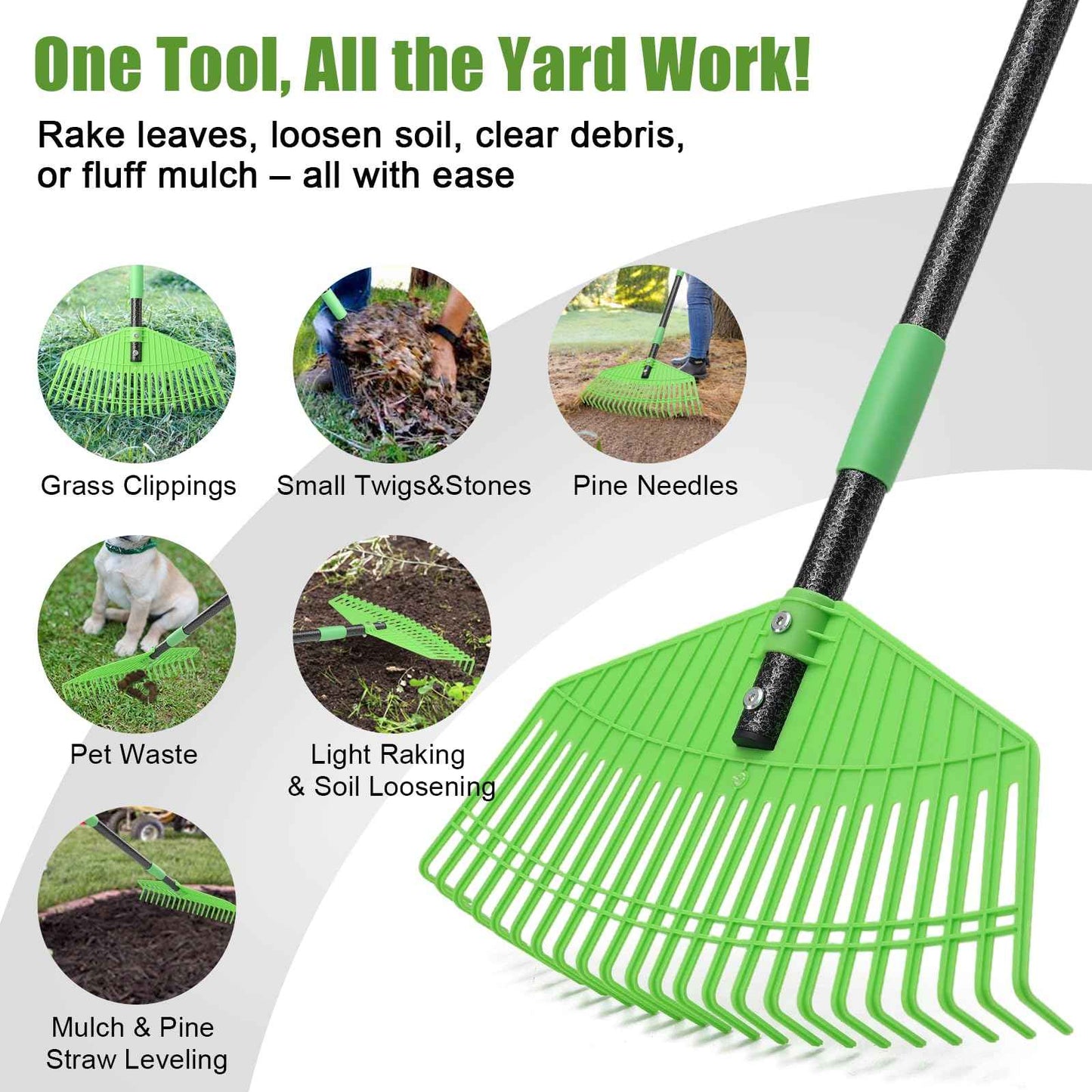 Poly Garden Rake for Leaves - 16.5'' Plastic Leaf Rake for Yard Lawn, 75'' Adjustable Outdoor Heavy Duty Rakes for Sweep Leaves,Grass, Pine Needle,Lightweight Long Handle for Women Seniors Kids
