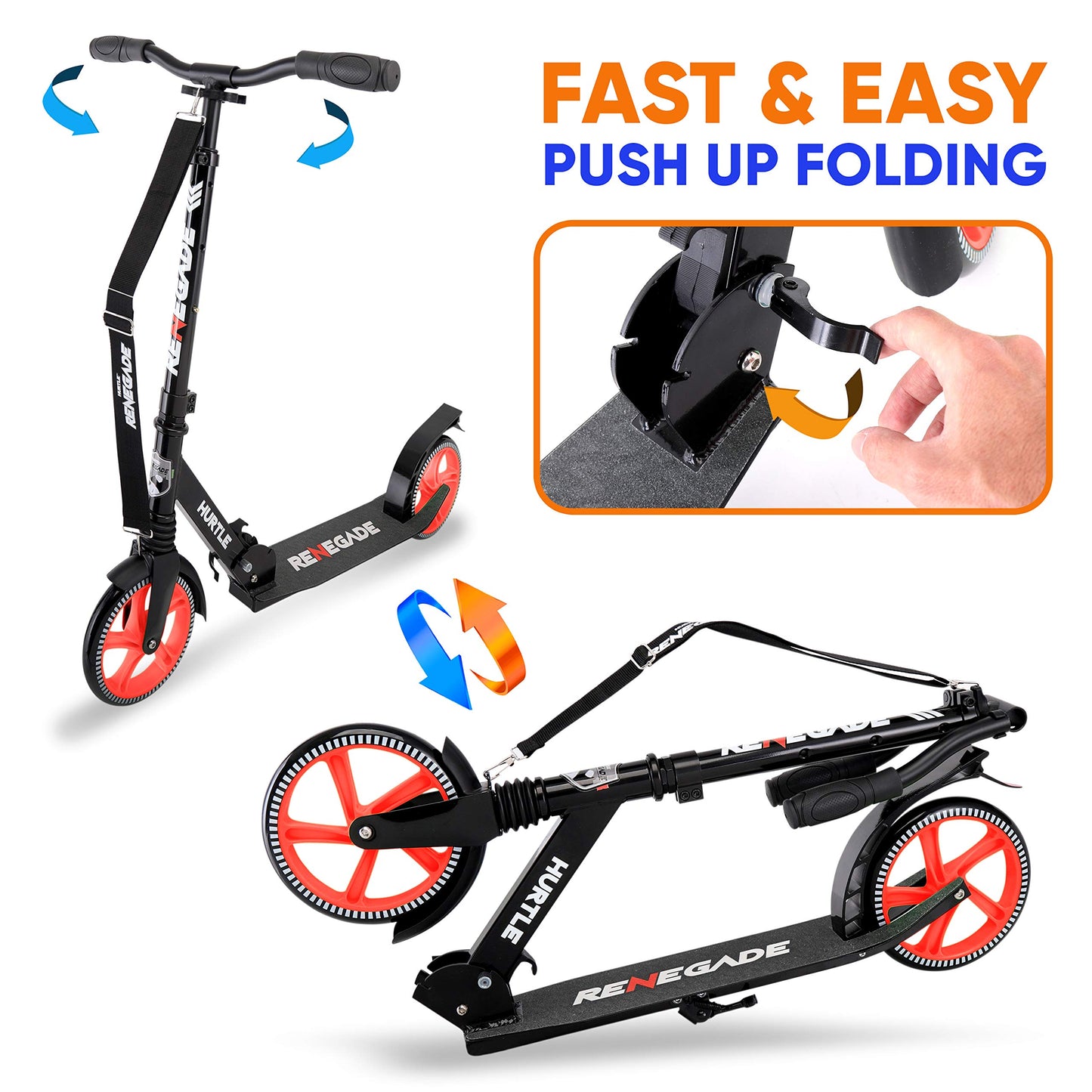 Hurtle Two Wheel Scooter for Teens, Smooth Gliding Kick Scooter for Adults w/ Adjustable Height for Ages 8+, Portable All Terrain Scooter w/ Carry Straps, Easy to Fold