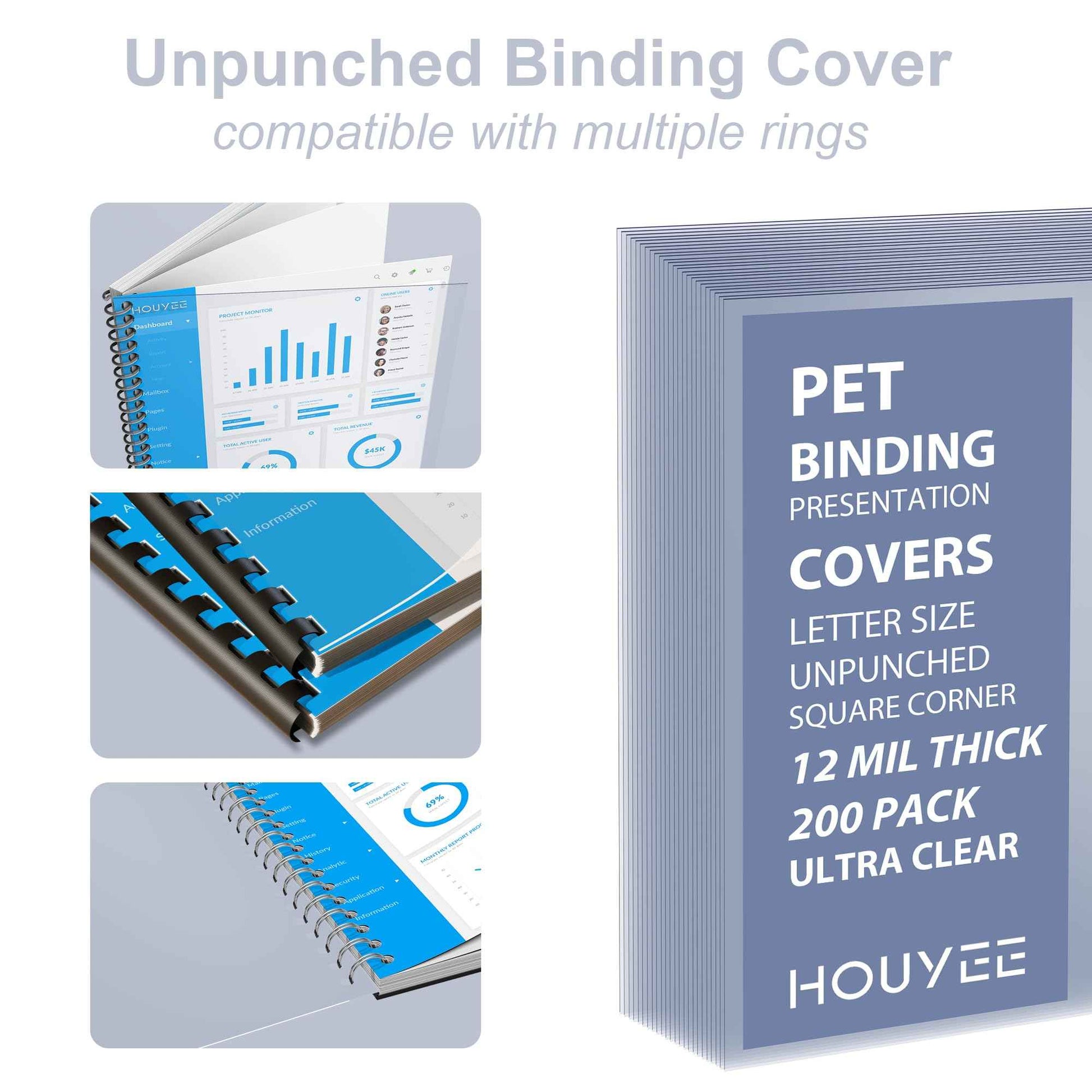 200 Pack Ultra Clear Binding Presentation Covers, Clear Covers for Binding, Polythylene Terephthalate,12 Mil,8-1/2 x 11 Inches, Letter Size