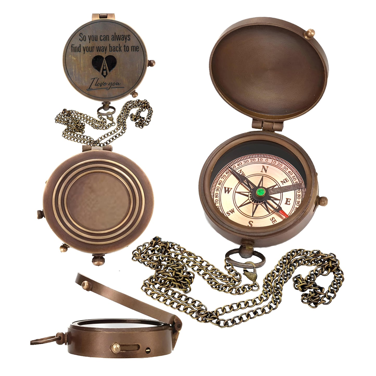 Engraved Brass Compass- Personalized Sundial Compass, Viking Compass Gift to Her, Nautical Gift for Boyfriend Perfect and Unique Gift with Leather Case