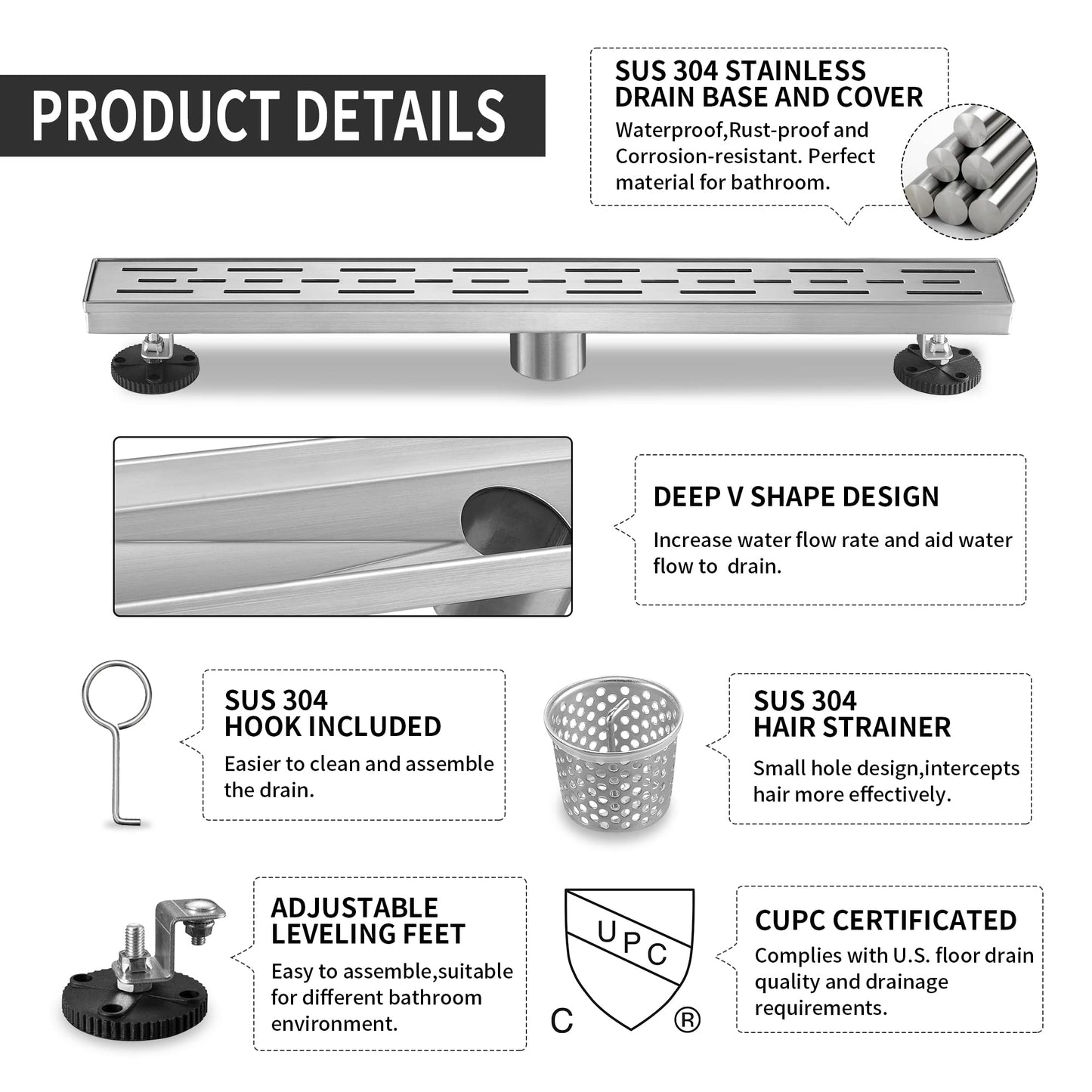 BAUNVB Linear Shower Drain, Brushed Nickel Shower Drain 36 Inch with Removable Grate, SUS-304 Stainless Steel Rectangle Floor Drain with Leveling Feet and Hair Strainer, Bathroom Modern Drain SD-101