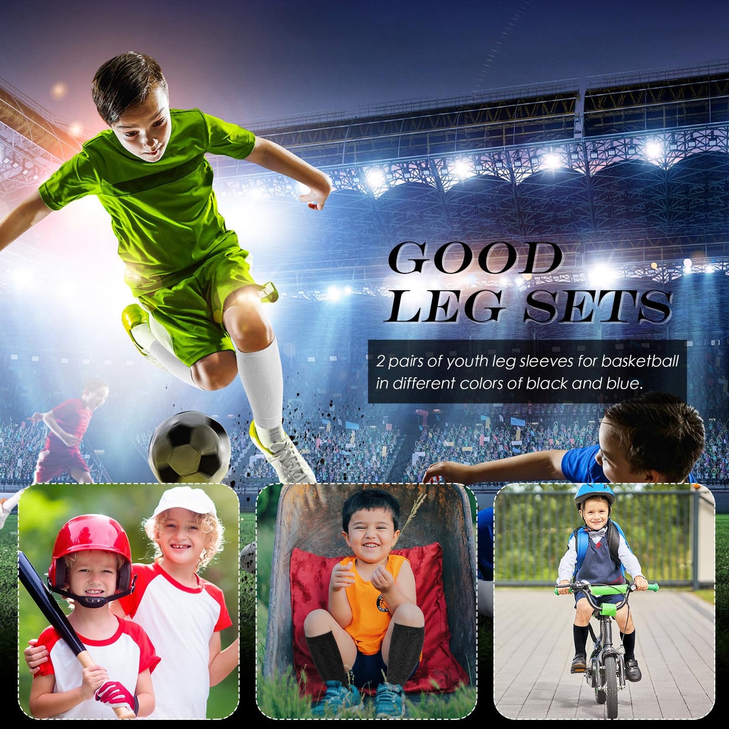 Tarpop 4 Pairs Kids Soccer Leg Sleeves Long Compression Leg Sleeves for Youth Football Protection Calf and Shin Support(Black, White)