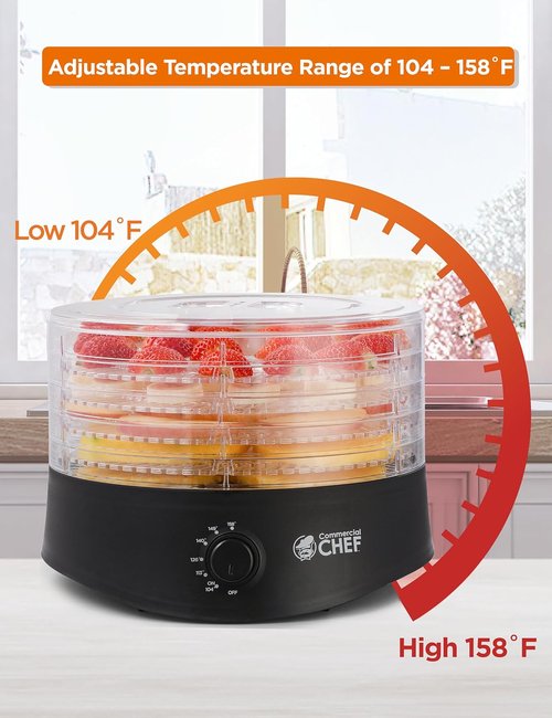 Commercial Chef Food Dehydrator - 280W Adjustable Thermostat, 5 BPA-Free Trays for Meat, Fruit & Veggies | Black