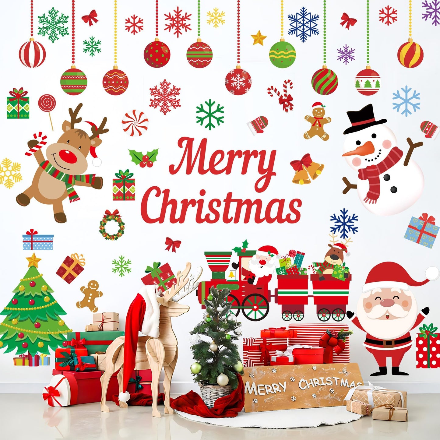 94 Pcs Christmas Wall Stickers Decals Removable Merry Christmas Wall Decorations Xmas Ball Tree Snowman Santa Reindeer Walls Decals for Xmas Party Home Office Walls Decorations