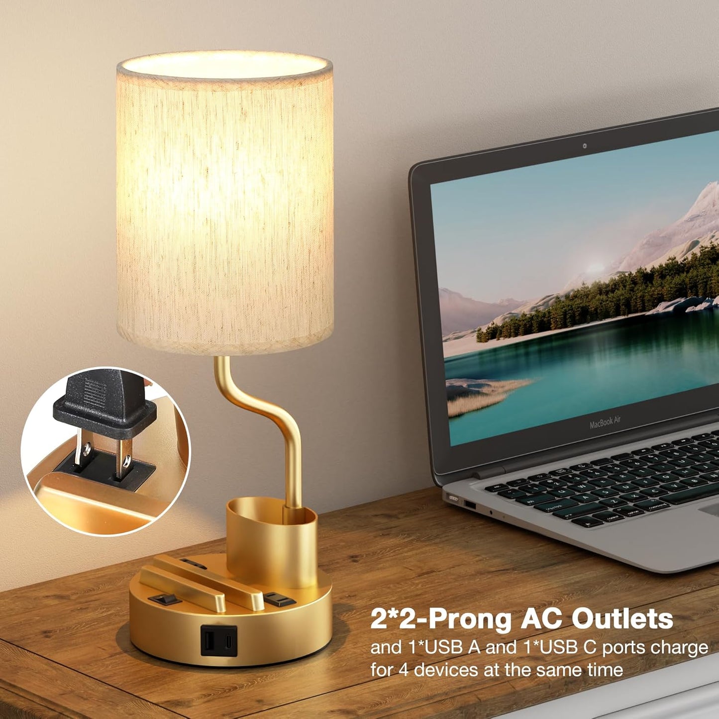 Set of 2 Bedside Table Lamps with USB & AC Outlet - 3 Color Temperatures, Desk Light & Phone Stand for Bedroom, Living Room, Office