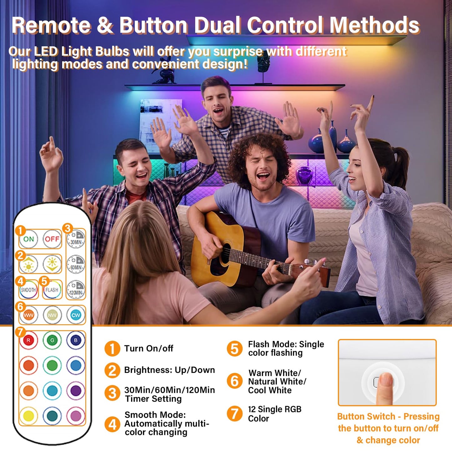 E26 Rechargeable Light Bulb with Remote,Battery Operated Backup Bulb for Sconces & Lamps,15 Colors Selectable,3 Timer,Dimmer,Wireless Puck Light Bulbs for Non-Hardwired,Detachable Charging,2 Pack