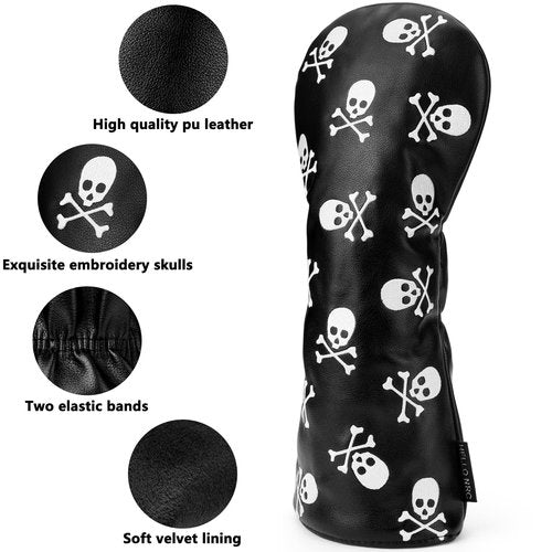 Gbourly 3PCS Skeleton Golf Club Skull and Crossbones Driver, Fairway Wood and Hybrid Head Covers Set PU Leather Headcovers for Women and Men (Black)