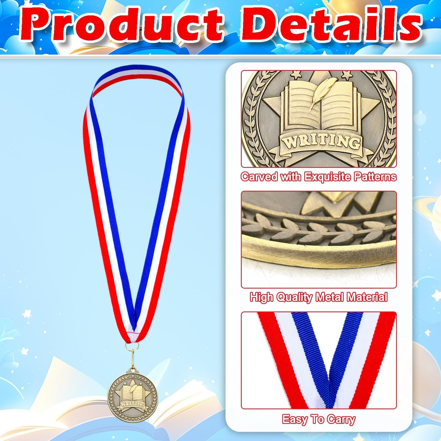 Quelay 30 Pcs 2'' Award Medals Bulk Gold Winner Medals with Neck Ribbons Metal Trophy Award Prize Gift for Tournaments, Competitions, Party, Kids and Adults (Writing)