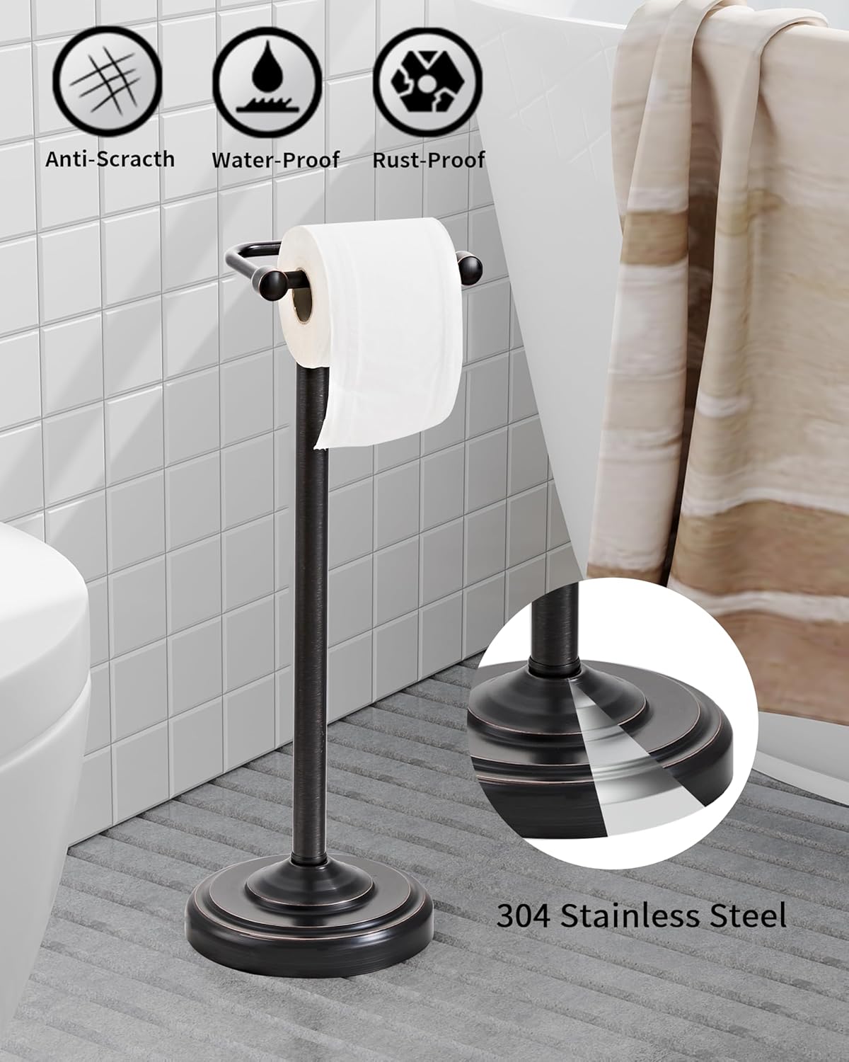 Brushed Nickel Free Standing Toilet Paper Holder with Pivoting Design & Weighted Base