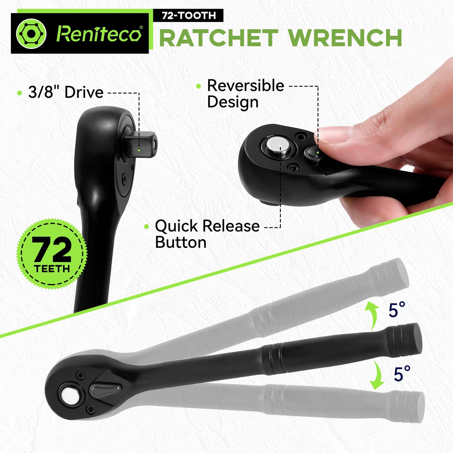 Reniteco 95-Piece 3/8" Socket Set, SAE (5/16"-3/4") & Metric (8mm-22mm), Ratchet Handle, Extension Bar, Adapter, Universal Joint, Power Drill Adapter, Screwdriver Bit, Spark Plug Socket