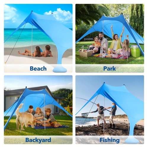 Beach Tent Shade Canopy with UPF50+ Protection Sun Shelter Umbrella Portable Camping Tents with Sandbags Poles and Ground Pegs and Anti-Wind Ropes for Beach Outdoor Camping Backyard Picnics 7.5X7.5Ft