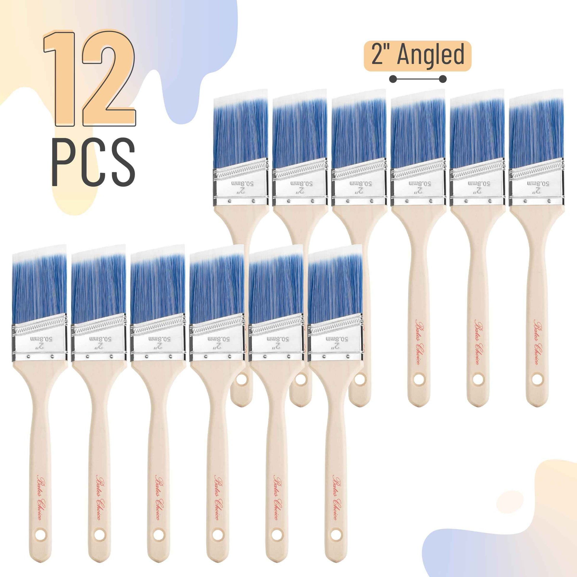 Bates Angle Paint Brushes, 2-Inch, 12 Pack, Treated Wood Handle, Stain & Wall Brushes for Painting Furniture & Walls