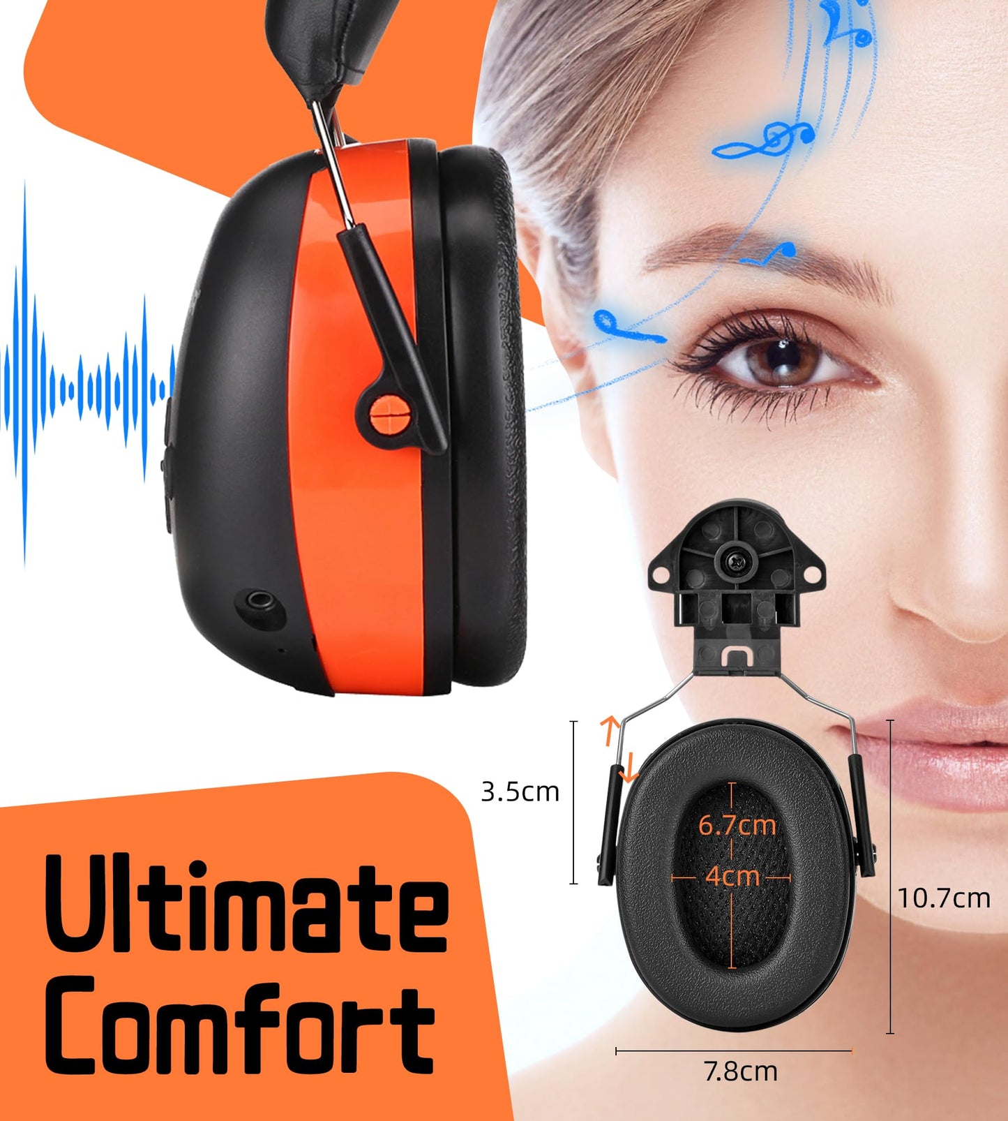 PROHEAR 037BR04 Bluetooth Hearing Protection with Adapter for 3M H-700 Hard Hats/DEWALT Hard Hat, 40H Playtime Safety Headphone for Construction Worker, Mowing - Orange