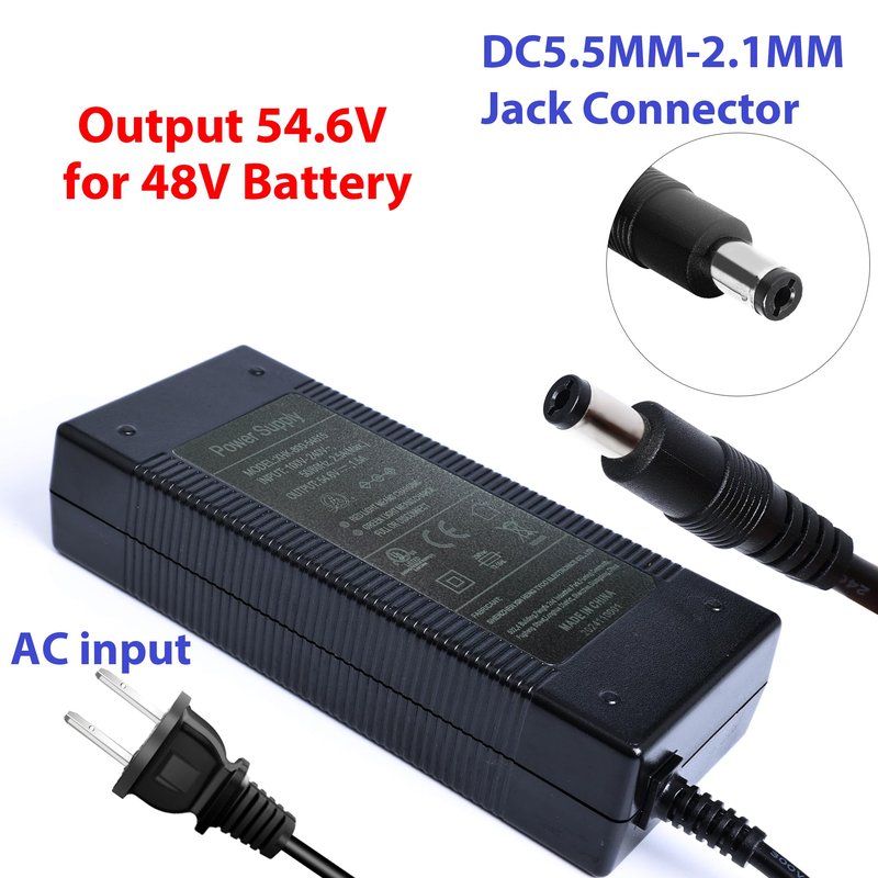 EVAPLUS 54.6V Smart Charger for 48V Lithium Batteries - UL Certified, Fast Charging with Multi-Safety Protection, Compatible with Electric Bikes/Scooters, DC 5.5 * 2.5/2.1mm Connector