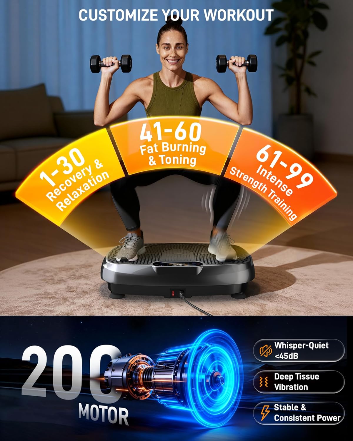 Renoj Vibration Plate - Full Body Workout Machine for Weight Loss | LED Display, Speaker & 2 Bands - Black