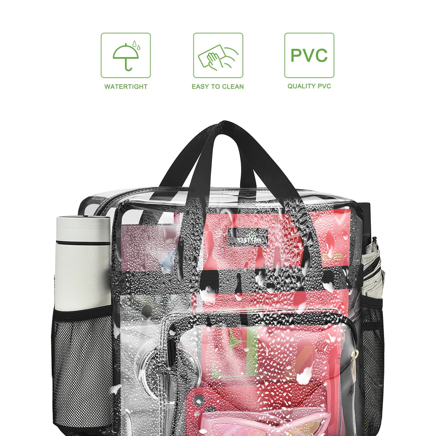 MAY TREE Clear Bag for Stadium Events, 12x6x16 Clear Tote Bag with Removable Strap, Transparent Bag for Concert Sports Gym, White & Beige-Strap