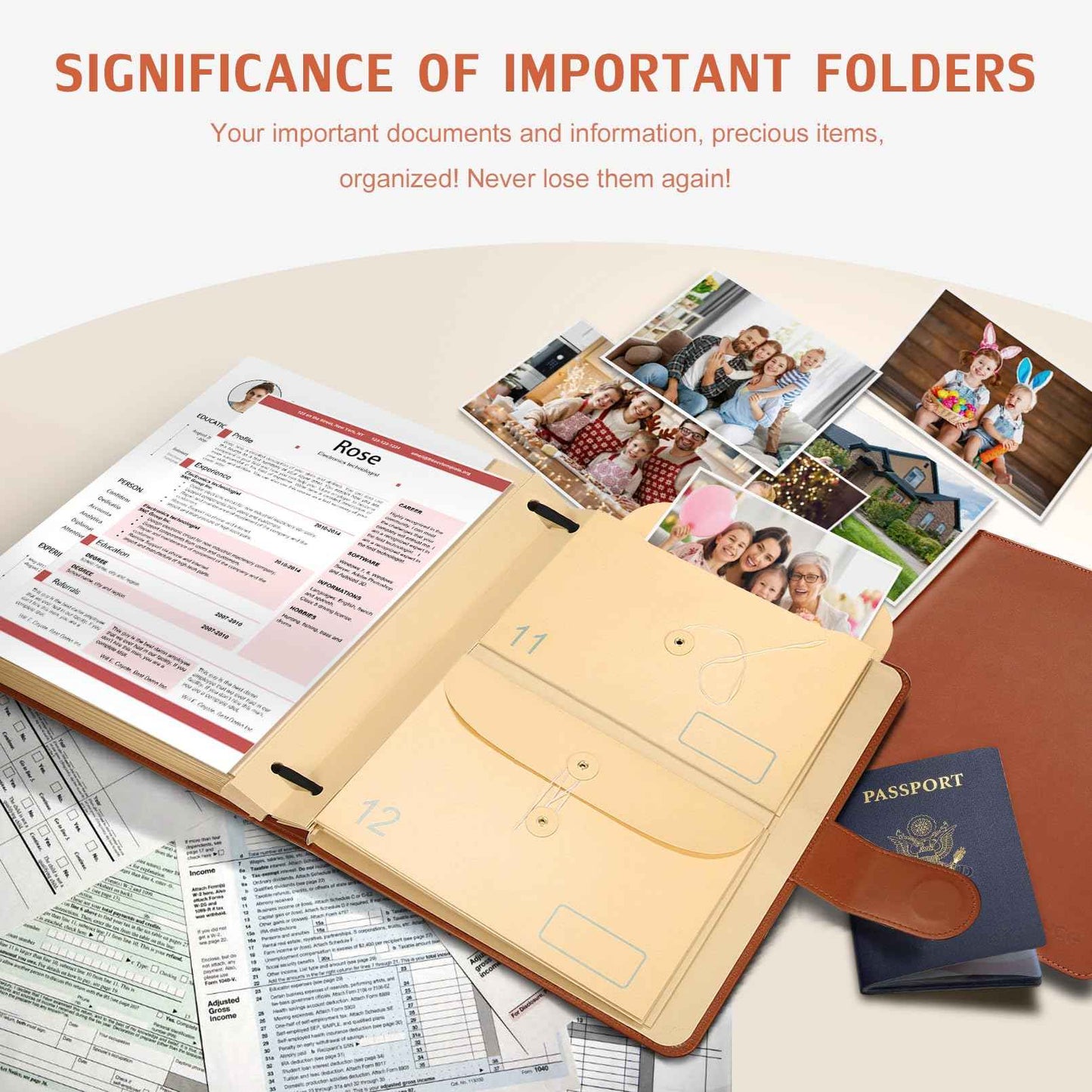 JOYCE Important Document Organizer, Life File Manager with Labels, for Managing Letters, Photos, Birth Certificates, Social Security Cards, Passport, Ring Binder (Brown Leather)