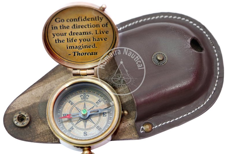 Thoreau's Go Confidently Engraved Graduation Gift for him, Camping Compass with Leather Pouch Boating Hiking Religious Gifts, Missionary Gifts Keepsake. Confirmation Gift Direction Compass