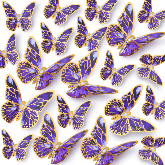 Buiory 36pcs Removable DIY 3D Colorful Butterfly Wall Decor Gold Side Butterflies Wall Decals Flower Butterfly Wall Sticker Home Art for Kids Baby Girls Teens Bedroom Living Room Nursery (Purple)