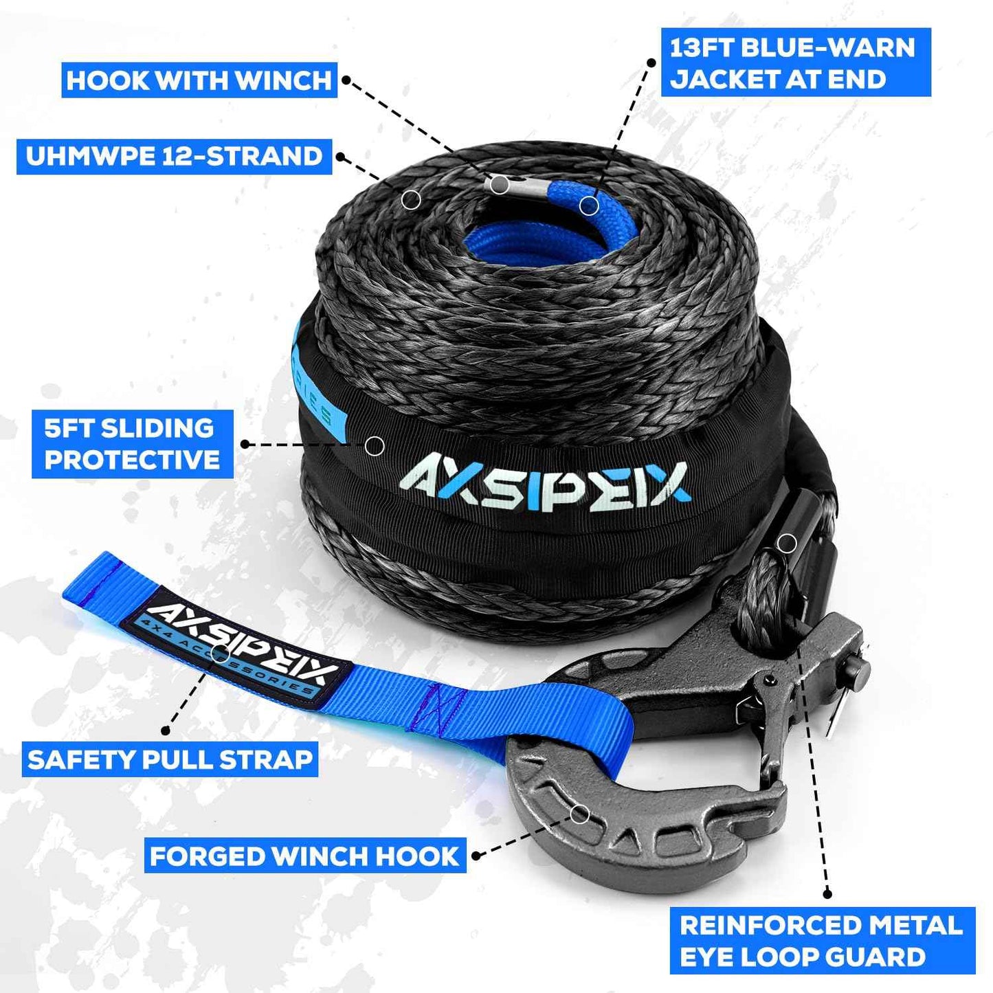 Synthetic Winch Rope Kit, 3/8" x 92ft 26500LBS Blue+Black Winch Cable with Protective Sleeve, Forged Winch Hook and Safety Pull Strap 4WD Off Road Vehicle SUV Truck