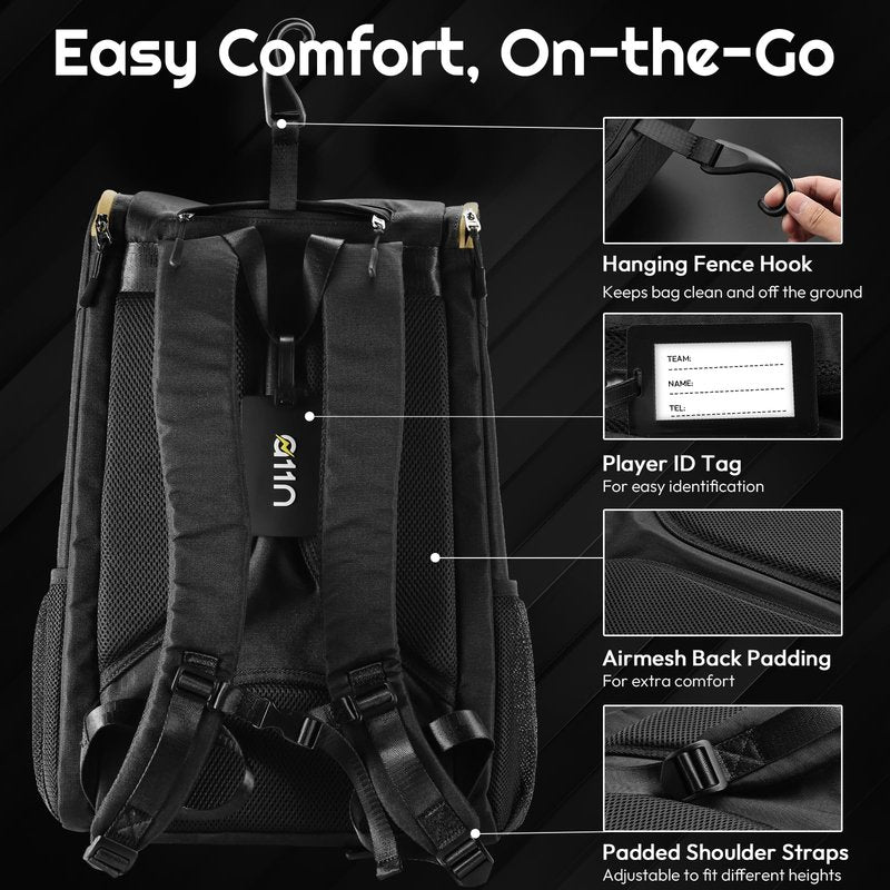 A11N SPORTS Tournament Pickleball Backpack, Large Capacity Pickleball Bag Holds 4+ Paddles & Accessories - Separate Shoes Compartment, with Fence Hook, ID Tag