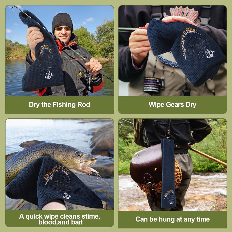 VitalCozy 4 Pcs Microfiber Fishing Towels with Clip Waffle Pattern Bait Towels for Effective Cleaning of Fishing Gears 16''x24'' Embroidered Towel Gift for Fly Kayaking Hiking Father's Day