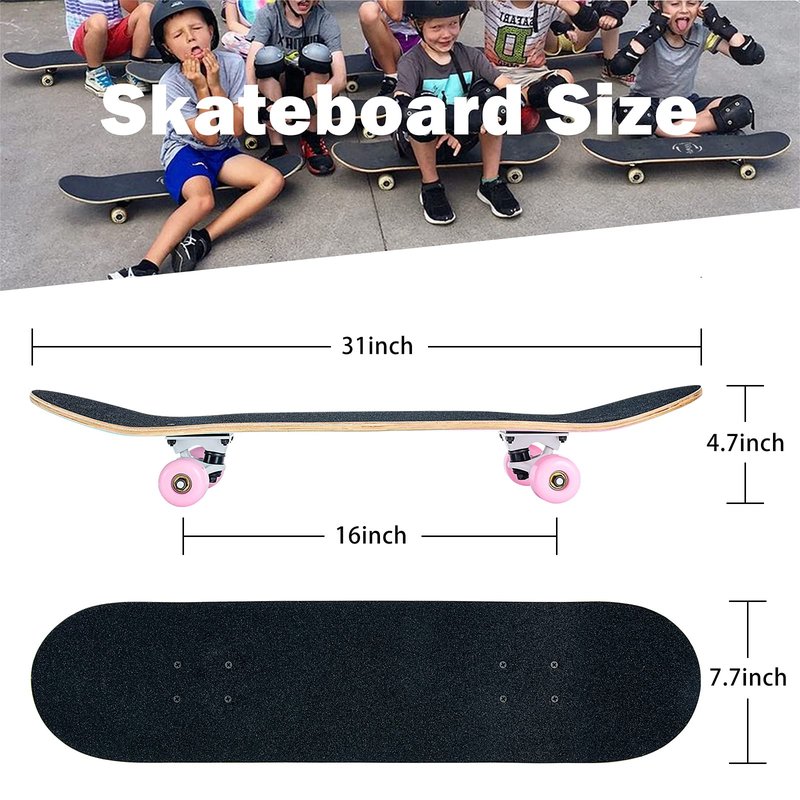Skateboard,31 x 8 Inch Complete Skateboard, 8-Layer Maple Wood Deck Double Kick Standard Skateboards for Kids, Teens, Adult, Beginner (Pink)