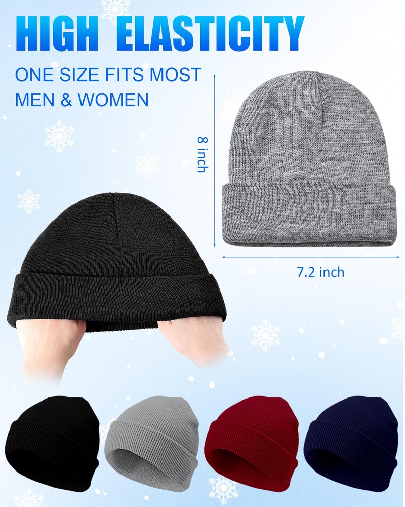 Shyyween 8 Pcs Winter Beanies and Gloves Set for Men Women, Stretchy Knitted Hats Touch Screen Gripper Glove Unisex Warm Gift(Black, Wine Red, Navy Blue, Gray)