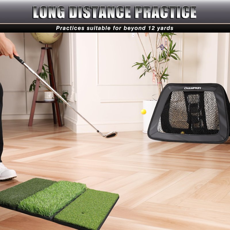 CHAMPKEY Double Sided Golf Chipping Net Come with Tri-Turf Hitting Mat and 12 Foam Golf Balls - 5 Ply-Knotless Netting Golf Targets System Ideal for Short and Long Distance Training (Standard Version)