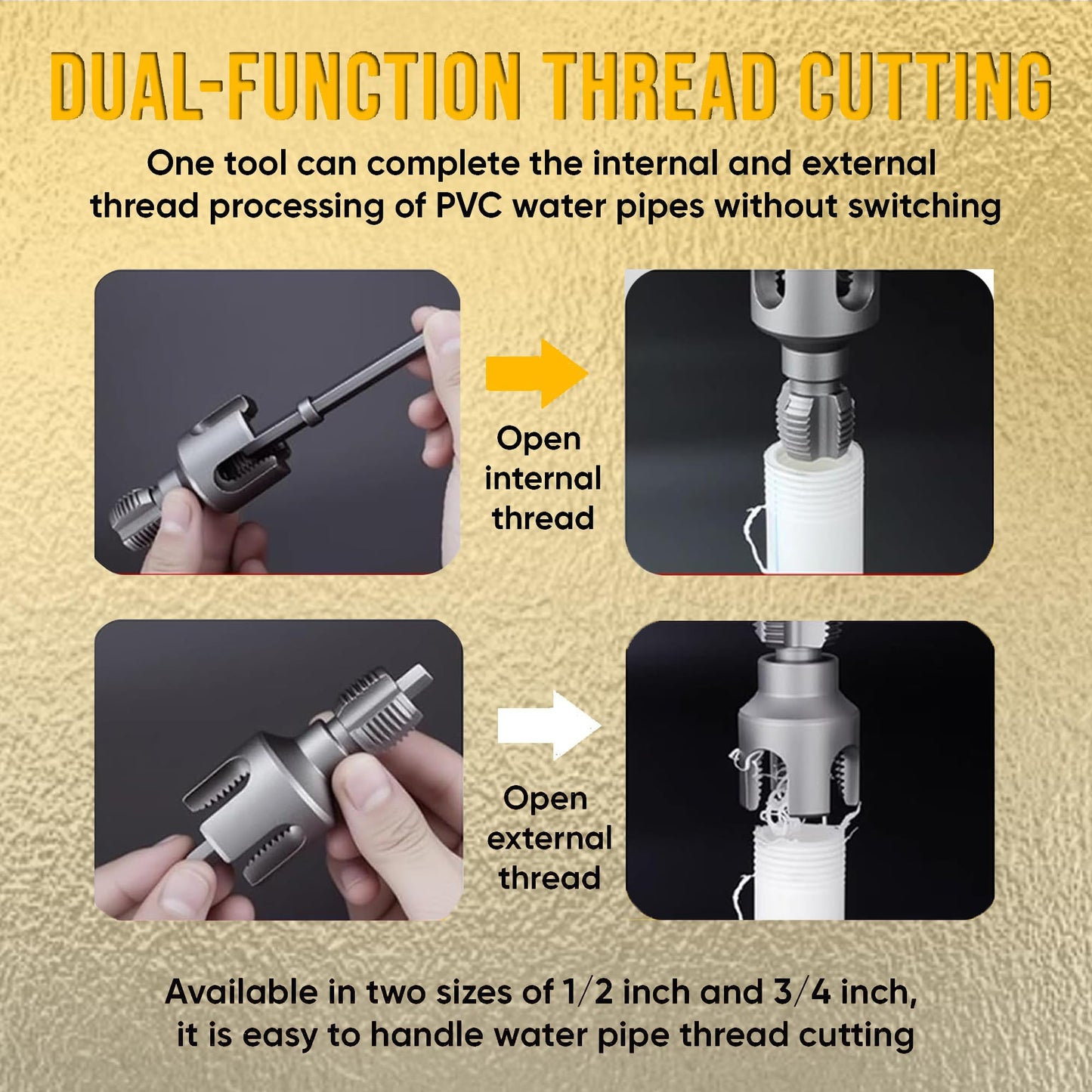 Integrated Internal & External Pipe Threading Tool, Upgrade Pipe Thread Cutting Tool, PVC Rethreading Tool for Water Pipes,1/2" and 3/4" Pipe Sizes Rethreading Tool for Electric Drill (1/2"+3/4")