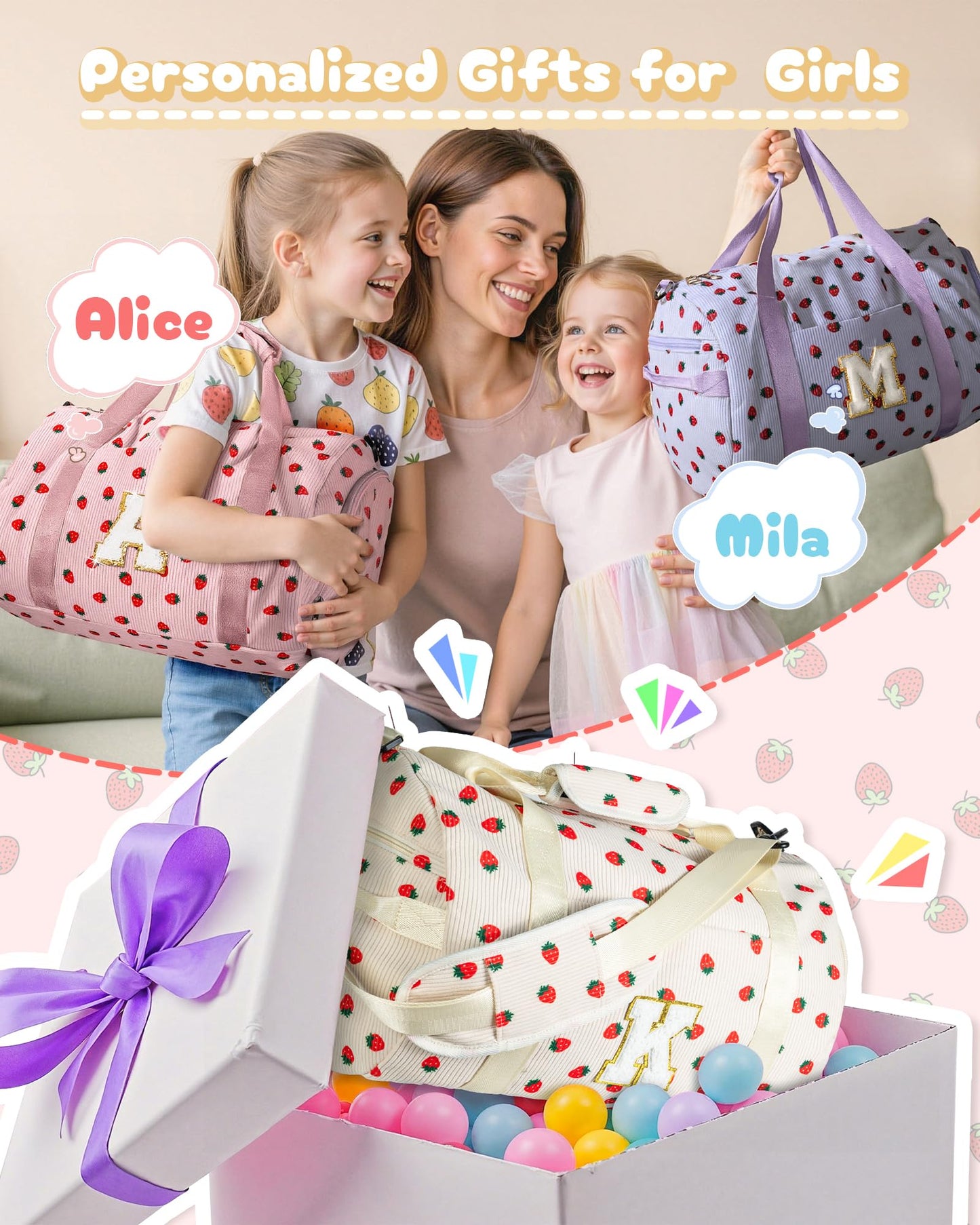 Vogewood Gifts for 3 4 5 6 7 8 9 10 Year Old Girl, Girls Gym Bag, Kids Personalized Dance Bags with Shoe Compartment, Customized Travel Duffle with Toiletry Bag, Camp Essentials (Letter M)