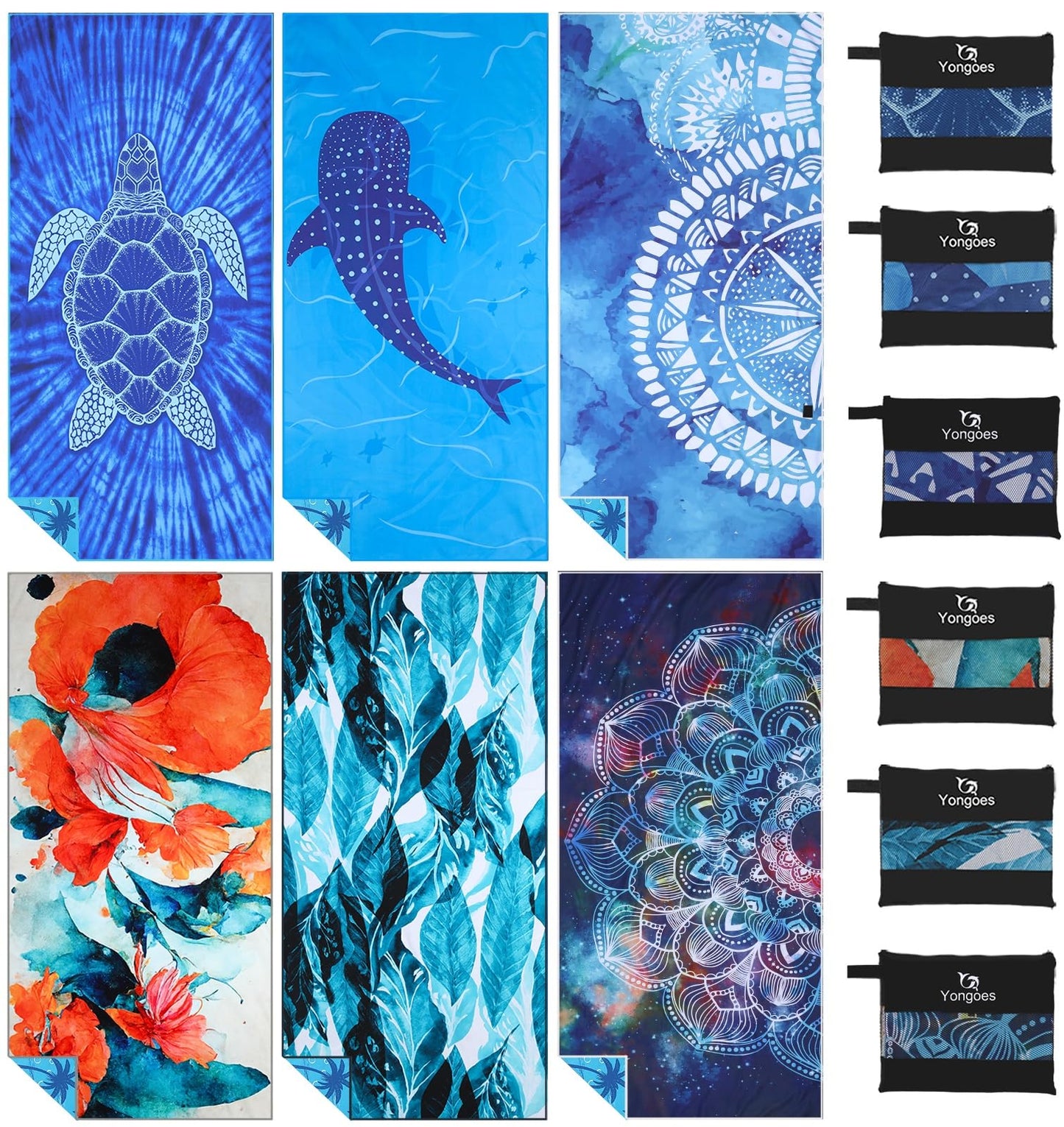 Yongoes 6 Pack Microfiber Beach Towel Oversized 71x32 Colorful Print Bulk